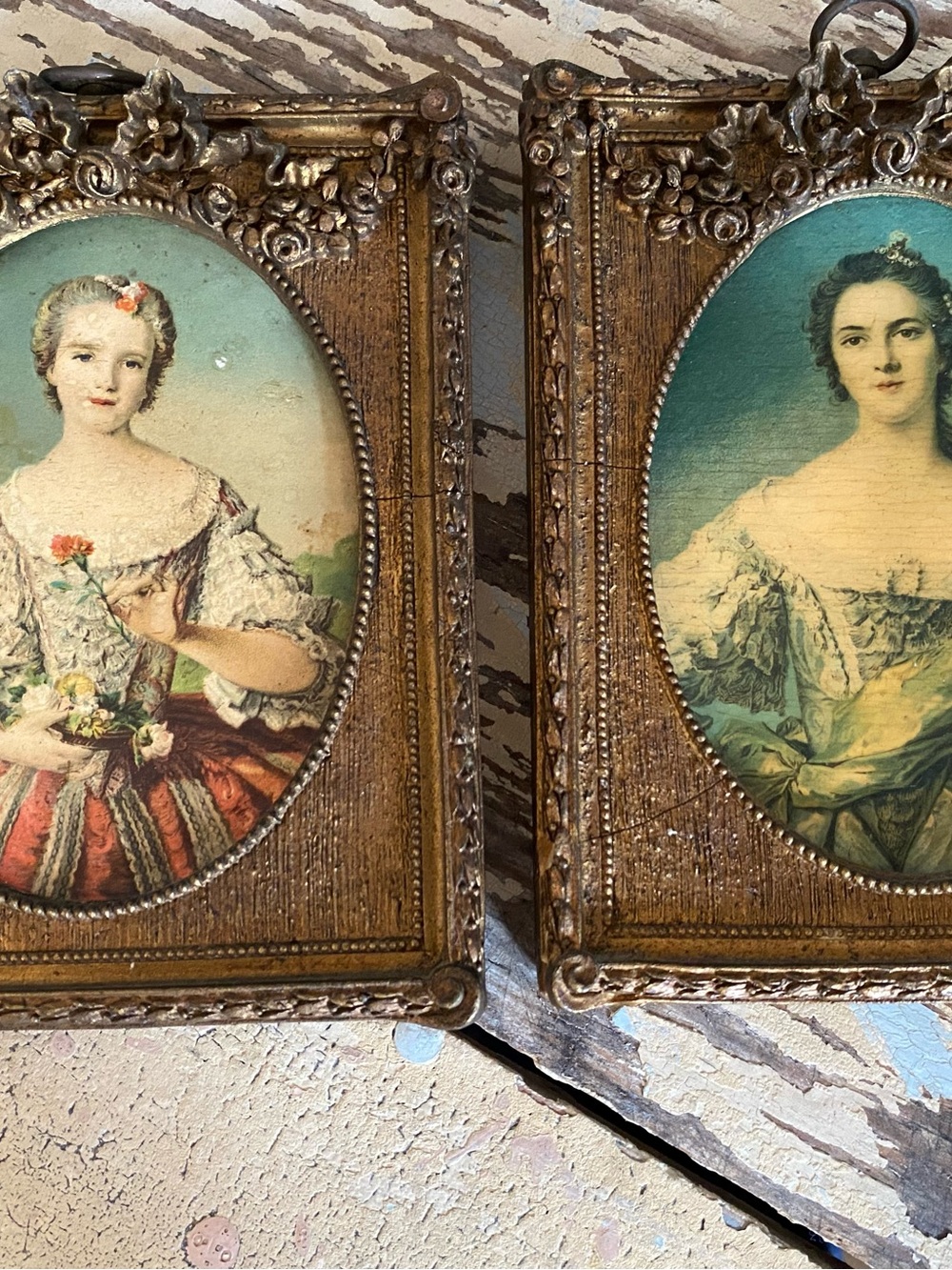 Antique-Style Ornate Gold Framed Portrait Pair in Teal and Cream